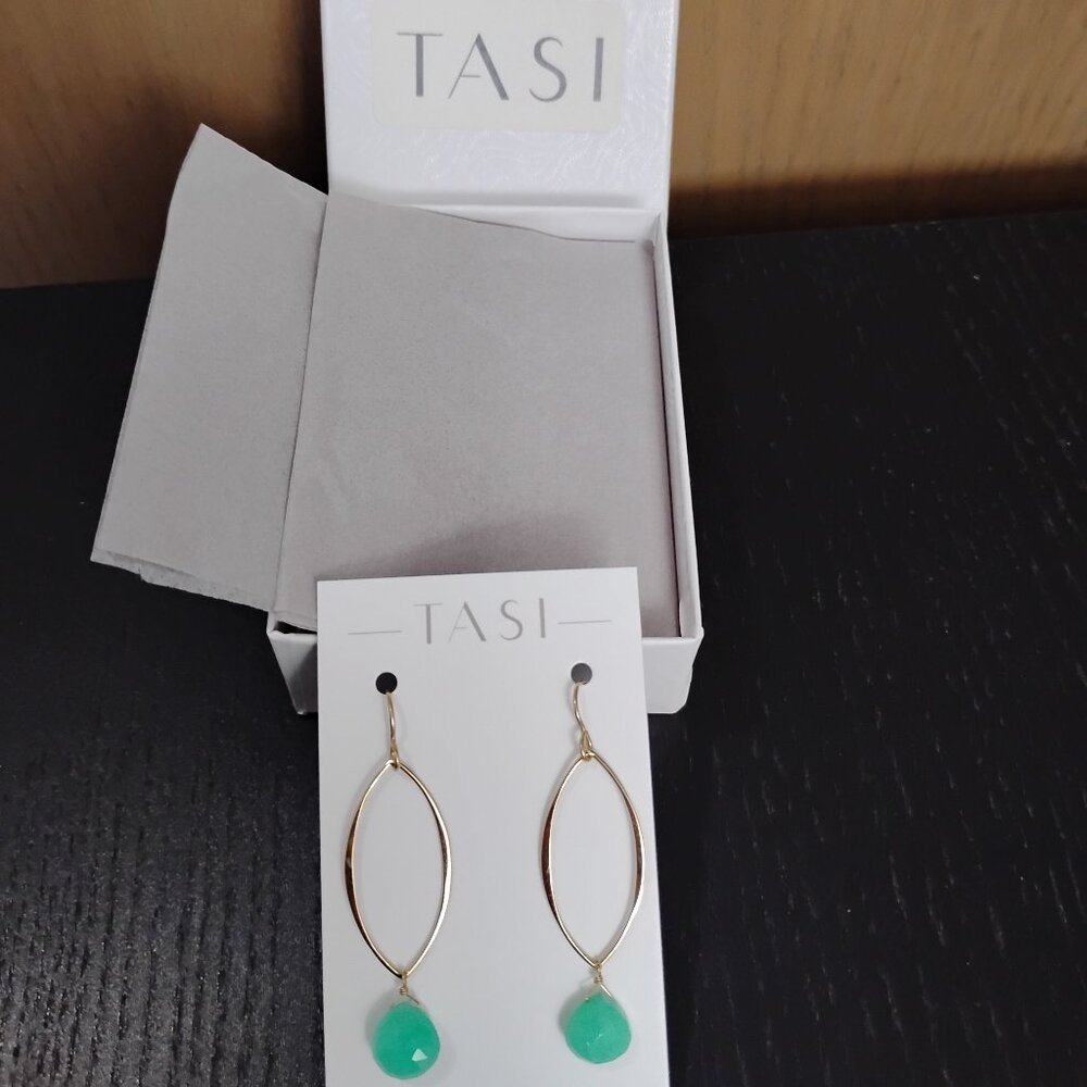 NIB Tasi Chrysoprase drop earrings gold Handmade in Portland, Oregon LOVELY